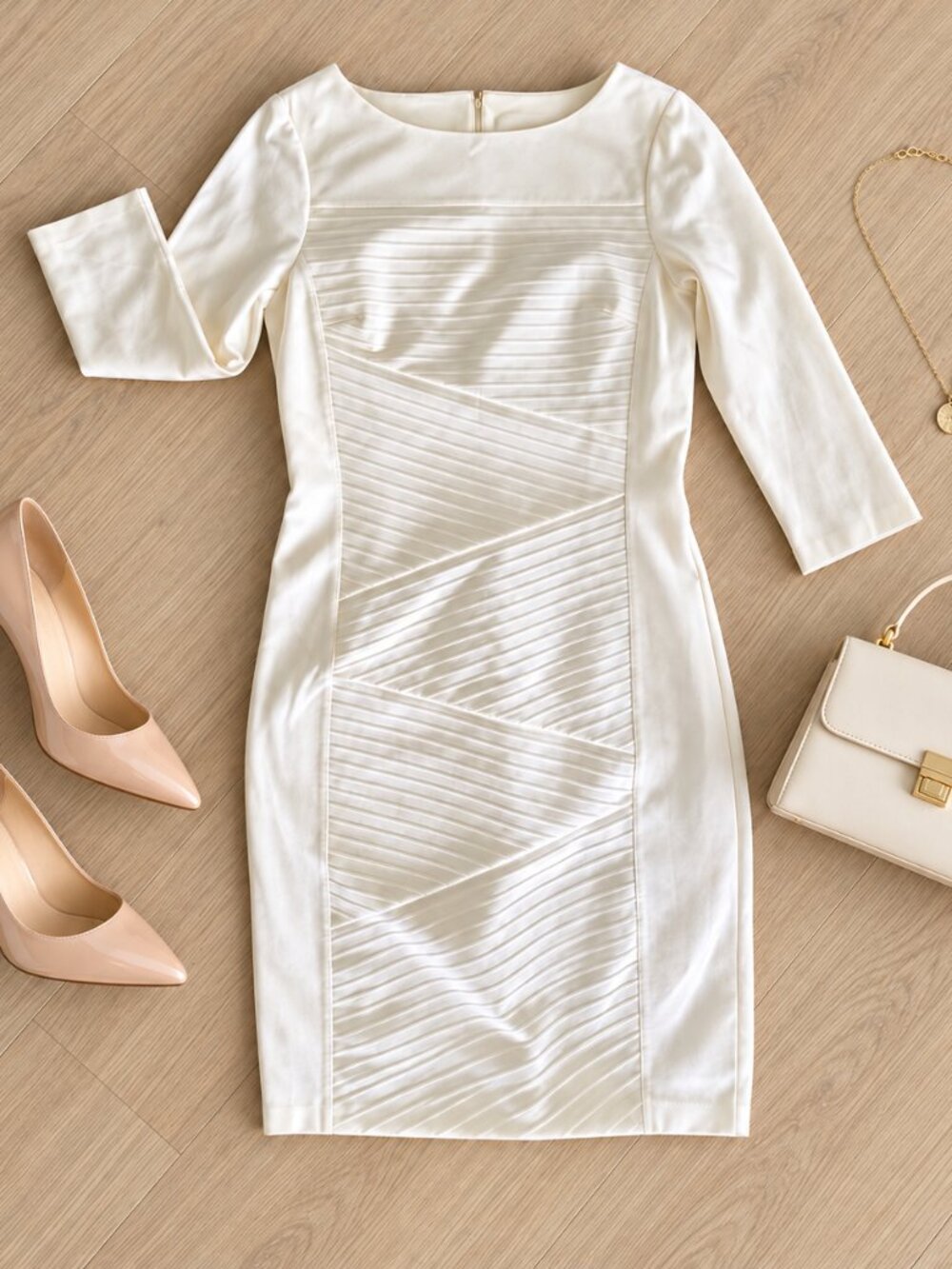 ✨WHBM Ivory White Pleated Satin Illusion Sleeve Bodycon Sheath Dress 8✨